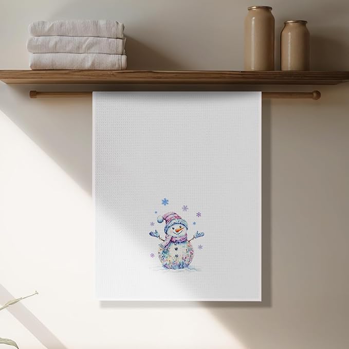 Trendy Disco Snowman Winter Kitchen Towels, Glitter Christmas Snowman Dish Tea Towels, Holiday Winter Snowflake Christmas Decorative Hand Towel for Kitchen Bathroom, 16x24 Inch