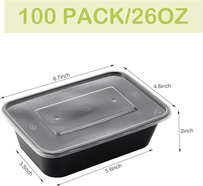 Sawysine 100 Pcs Plastic Meal Prep Containers Food Storage Containers Reusable Lunch Bowls with Lid Stackable Disposable Lunch Boxes 1 Compartment Bento Box(Black,26 oz)
