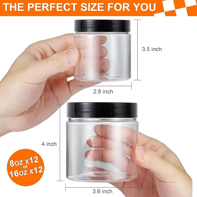 Vivimee 24 Pack Plastic Jars with Lids 16 oz (12 Pack) & 8 oz (12 Pack), Clear Plastic Mason Jars, Leakproof Slime Containers for Peanut, Spice, Cookie, Candy and Dry Food, Empty Jars for Storage