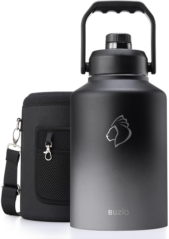 BUZIO One Gallon Water Bottle Insulated, (Cold for 48 Hrs) 128oz Water Jug Large Stainless Steel, 3.58in Big Wide Mouth Leak Proof Metal Flask with Carrying Sleeve for Camping,Gym, Travel, Black Gray