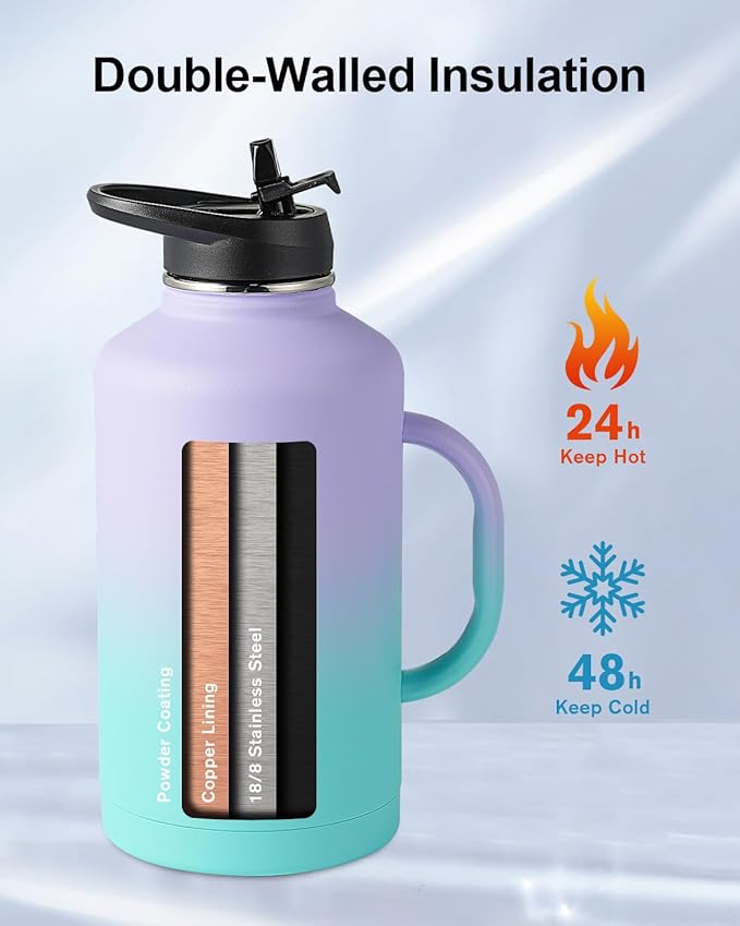 Trebo 64oz Water Bottle Insulated with Straw Lids,Half Gallon Double Wall Vacuum Stainless Steel Metal Large Jug with Handle,Wide Mouth Flask Mug with Carry Pouch,Keep Cold Hot,Ombre: Purple Green