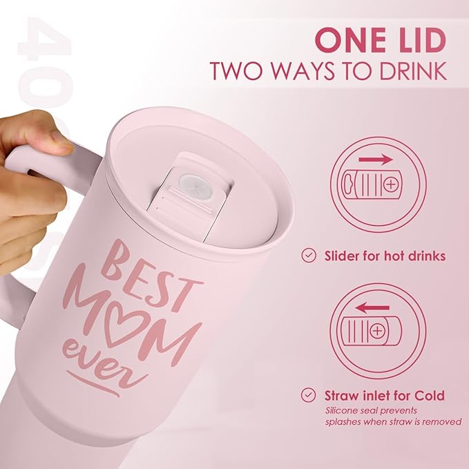 Gift for Mom - Best Mom Stainless Steel Tumbler with Handle, Travel Coffee Mug for Moms - Gifts for Birthday Christmas Mothers Day, 40oz