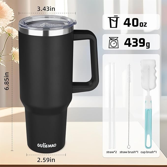 40 oz Insulated Coffee Mug with Ceramic Coating, Stainless Steel Travel Coffee Tumbler with Handle Lid and Straw, Double Wall Leak-Proof Coffee Travel Mug Keeps Drink Hot and Cold (Black)
