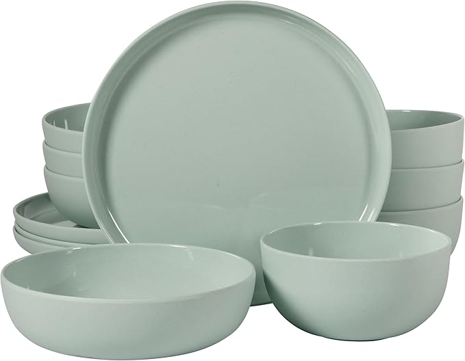 Gibson Home Candy Skies 12 Piece Unbreakable Wheat Straw Melamine Plates and Bowls Dinnerware Set - Outdoor, Camping, & Everyday Use - Matte Exterior/Shiny Interior Green