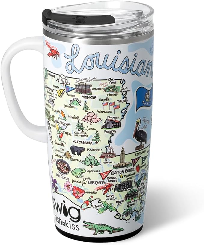Swig Life 22oz Travel Mug, Insulated Tumbler with Handle and Lid, Travel Coffee Mug, Cup Holder Friendly, Stainless Steel 22 oz Tumbler, Reusable Insulated with Lid (Louisiana)