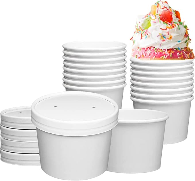 250 Sets White Paper Food Containers With Vented Lids, To Go Hot Soup Bowls, Disposable Ice Cream Cups (12oz)