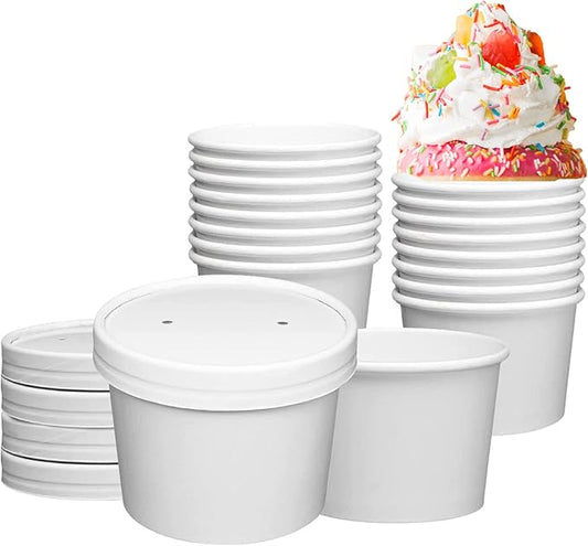 250 Sets White Paper Food Containers With Vented Lids, To Go Hot Soup Bowls, Disposable Ice Cream Cups (12oz)