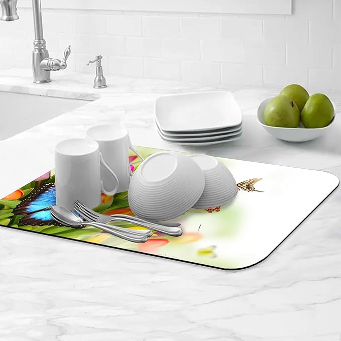 Tulips Butterflies Dish Drying Mats for Kitchen Counter Absorbent Fast Dry Dish Drainer Rack Mats for Dishes Utensils Pot and Pan, Kitchen Accessories 20"x12"