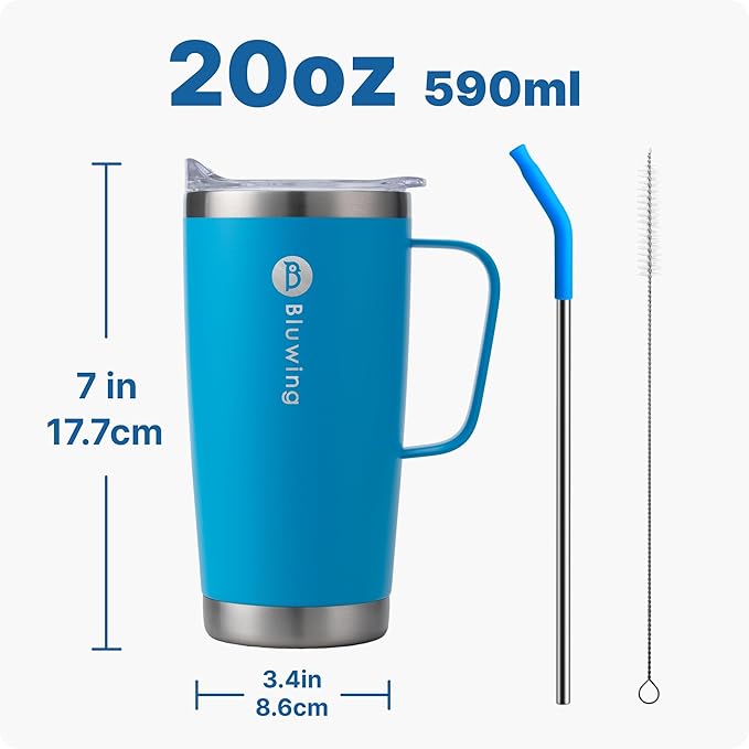 20 oz Insulated Tumbler with Handle Stainless Steel Travel Coffee Mug with Lid and Straw, Double Wall Tumbler Cups for Women and Men, BPA Free (Sky Blue)