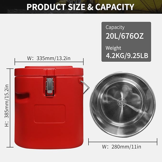 5 Gallon Insulated Soup Container Commercial Food Warmer for Hot or Cold Food, 21QT Hot Box for Catering, Food Cooler with 4 Buckles, Handles, Spoon, Soup Carrier for Restaurant, Canteen,Home