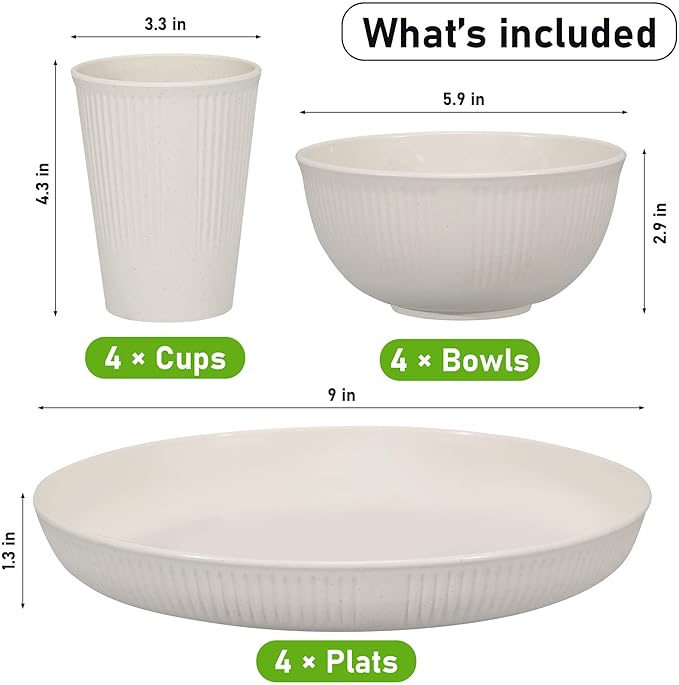 12pcs Wheat Straw Dinnerware Sets, Kitchen Unbreakable Wheat Straw Plates and Bowls Sets for College Dorm Apartment Reusable Beige