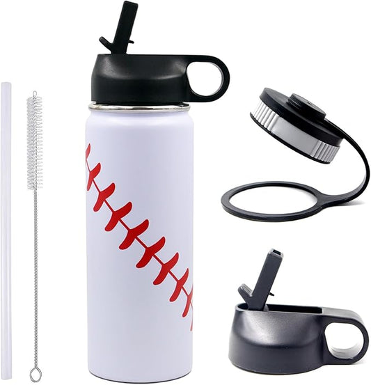 18 oz Baseball Water Bottle, Sports Flask Metal Thermo Travel Tumbler with 2 Lids, Stainless Steel Double Wall Vacuum Insulated Leakproof Water Bottles, Baseball Accessories Stuff Gifts for Boys Girls