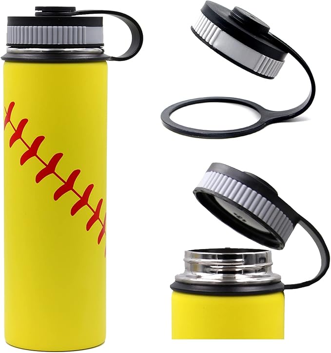 22 oz Softball Water Bottle, Metal Sports Flask Thermo Travel Tumbler with 2 Lids, Stainless Steel Double Wall Vacuum Leak Proof Insulated Water Bottles, Softball Stuff Gifts for Mom Men Boys Girls