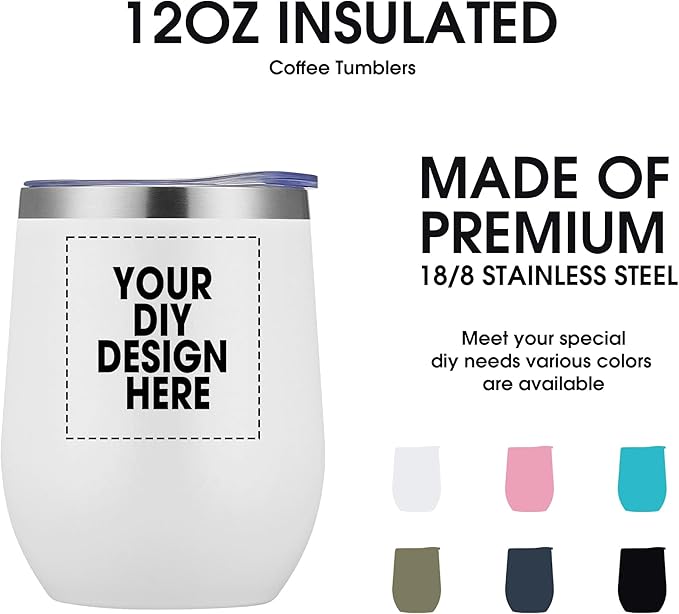 Personalized Custom Wine Tumbler Print in USA 12oz Stainless Steel Travel Coffee Cup with Lid & Straw Double Wall Insulated Mug with Colorful Text Logo Photo