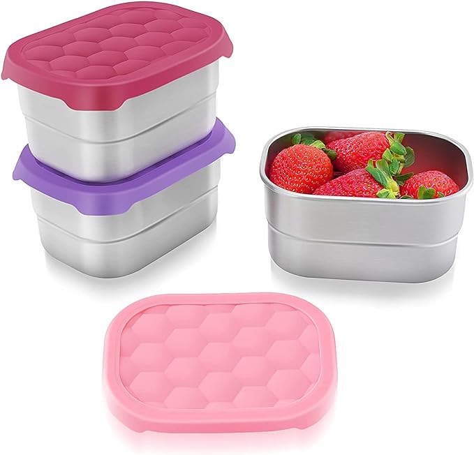 Small (1 CUP) Stainless Steel Snack Containers for Kids | Easy Open Leak Proof Food Containers with Silicone Lids - Perfect Metal Toddler Lunch Box for Daycare and School (8oz)