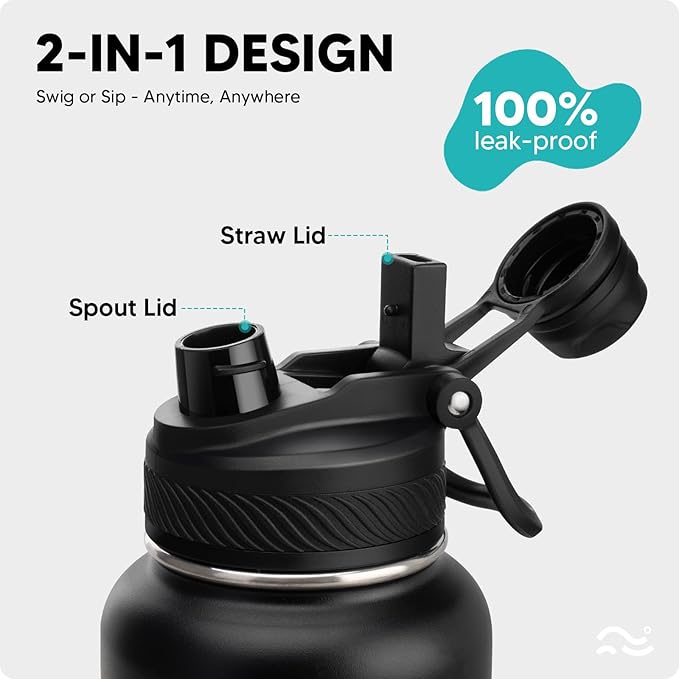 [2-IN-1 LID] Insulated Water Bottle with Silicone Boot (36hrs Cold/18hrs Hot) - DIY Stickers, Leakproof, BPA Free, 40 oz
