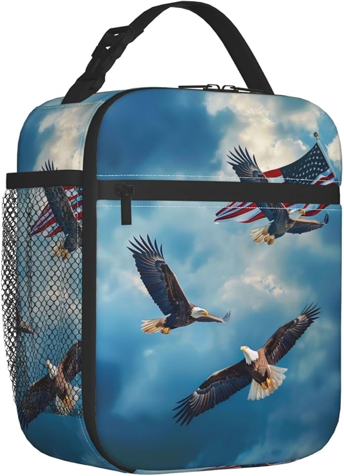 Bald Eagle Print Insulated Lunch Box Gifts for Kids Adults American Flag and Blue Sky Design Reusable Portable Lunchbox Cooler Lunchbag for Work Picnic School Travel or Hiking