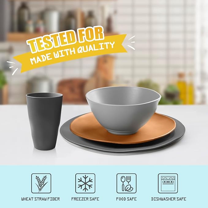 Teivio 32-Piece Kitchen Plastic Wheat Straw Dinnerware Set, Service for 8, Dinner Plates, Dessert Plate, Cereal Bowls, Cups, Unbreakable Plastic Outdoor Camping Dishes, Smoky Brown