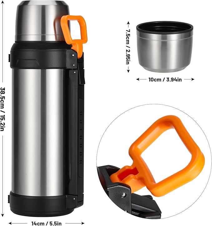 88oz Large Coffee Thermo for Travel, 2500ml Insulated Stainless Steel Water Bottle with Cup and Handle, Water Jug for 24hr Hot and Cold drinks, Vacuum Flask for Camping, Fishing & Working, Silver