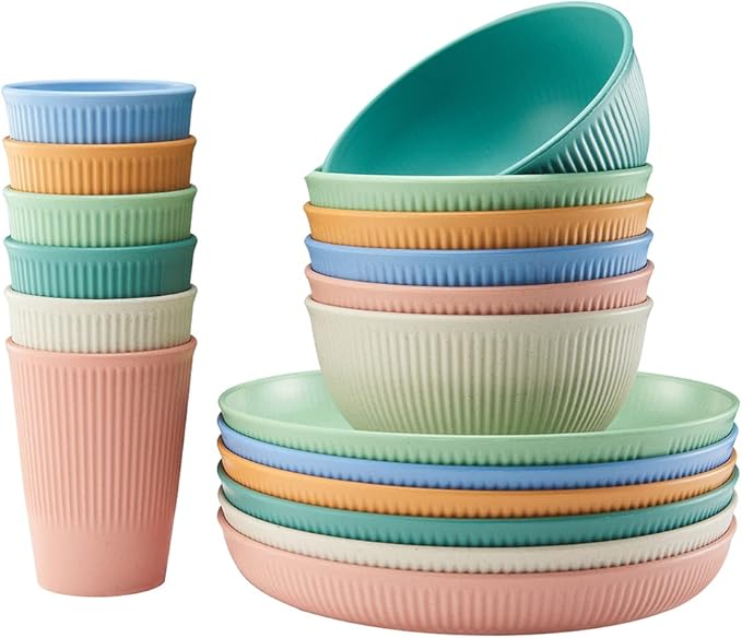 18pcs Wheat Straw Dinnerware Sets, HXYPN Unbreakable Reusable Dinnerware Set Kitchen Cups Plates and Bowls Sets Dishwasher Microwave Safe Plates