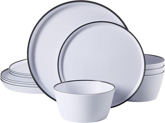 Gibson Home Folsom Shores 12 Piece Unbreakable Modern Melamine Plates and Bowls Dinnerware Set - Outdoor, Camping, & Everyday Use - White W/Black Rim
