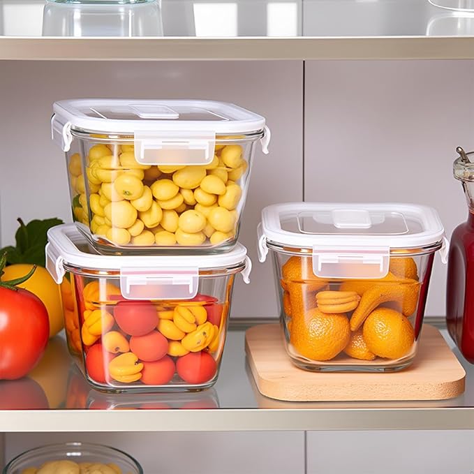 Square Glass Food Storage Containers, 4 Cup Glass Soup Container with Airtight Lids,Square Food Meal Prep Bowls for Salad soupleftovers, Fridge、Microwave、Dishwasher Safe (4 Pack)