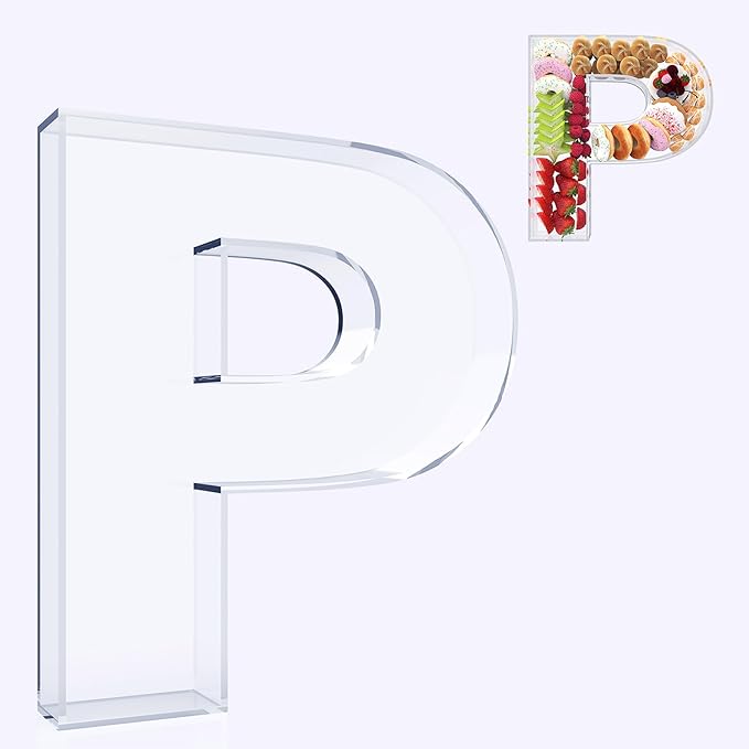 11" Acrylic Letter Charcuterie Box, Reusable Fillable Alphabet Number Shaped Form Tray for Birthday Anniversaries, Party Decorative Serving Plates Display Candy Cake (P)