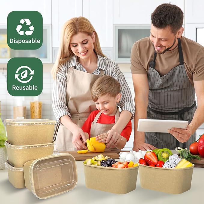 29 oz Disposable Meal Prep Containers, 50-Pack Disposable Food Containers with Lids, Large 1000ml Leakproof Paper Food Containers Treat Soup Serving Bowls Microwave Safe for Hot/Cold Food