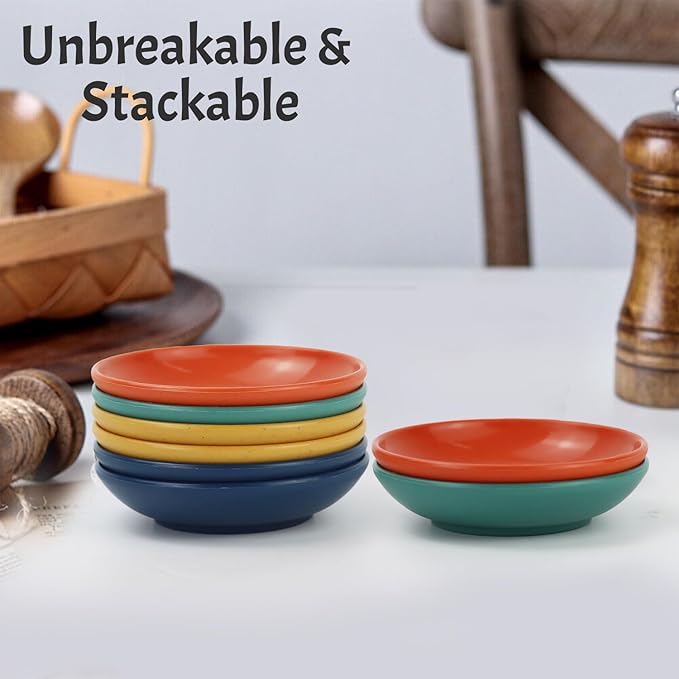 Wrova soy sauce dish 4 inch set of 8, small wheat straw plates 1.5oz for side dishes dishwasher safe, unbreakable plastic sauce dish for sushi,dishes,sauce...Colorful