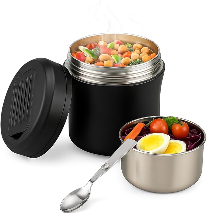 Thermo Food Jar For Hot Food - 40 OZ, Thermo soup containers With lid, Wide Mouth Vacuum Insulated Stainless Steel Leakproof Bento Box With Spoon,Black