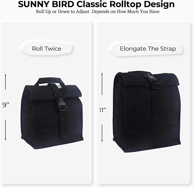 SUNNY BIRD Insulated Lunch Bag Rolltop Lunch Box for Women, Men, Adults and Teens (Black)