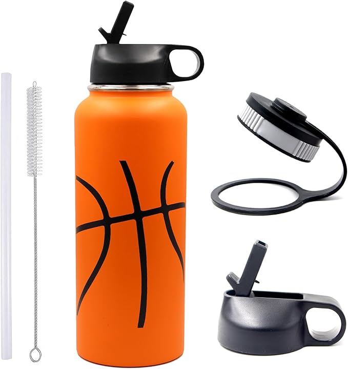 40 oz Basketball Water Bottle, Metal Thermo Travel Tumbler Sports Flask with 2 Lids, Stainless Steel Double Wall Vacuum Insulated Leakproof Water Jug, Basketball Accessories Stuff Gifts for Boys Girls