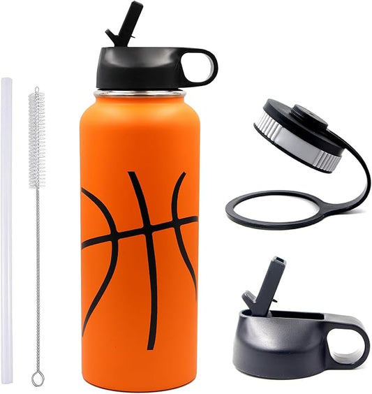 40 oz Basketball Water Bottle, Metal Thermo Travel Tumbler Sports Flask with 2 Lids, Stainless Steel Double Wall Vacuum Insulated Leakproof Water Jug, Basketball Accessories Stuff Gifts for Boys Girls