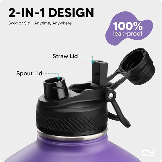 [2-IN-1 LID] Gallon Insulated Water Bottle with Silicone Boot (48hrs Cold/24hrs Hot) - DIY Stickers, Leakproof, BPA Free, 128 oz