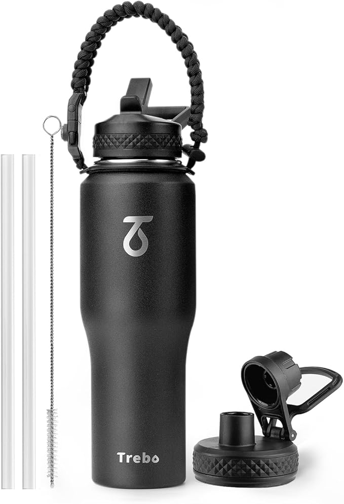 Trebo 32 oz Water Bottle Insulated Fit in Any Car Cup Holder,Triple Wall Vacuum Stainless Steel Water Bottles (Keep Cold for 48 Hrs),Leakproof Tumbler Flask with Paracord Handle,Straw Spout Lids