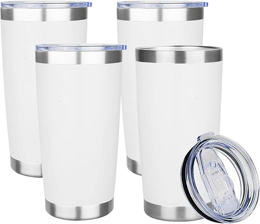 20oz Tumbler with Lid Stainless Steel Insulated Tumblers Travel Coffee Tumbler Bulk Double Wall Vacuum Insulated Water Cup Christmas Gifts for Women Men Her Him Home Office (White, 4pack)