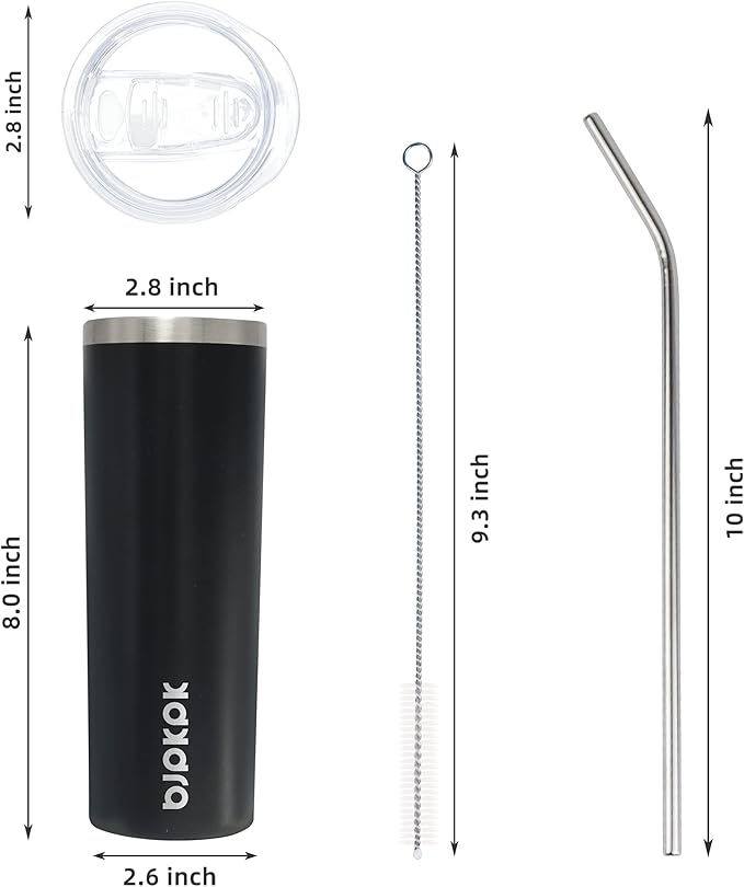 BJPKPK Black Skinny Stainless Steel Tumblers 20 oz Slim Insulated Reusable Coffee Travel Water Tumbler Cup With Lid