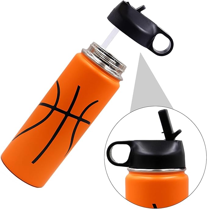 18 oz Basketball Water Bottle, Metal Thermo Travel Tumbler Sports Flask with 2 Lids, Stainless Steel Double Wall Vacuum Leak Proof Insulated Water Bottles, Basketball Accessories Gifts for Boys Girls