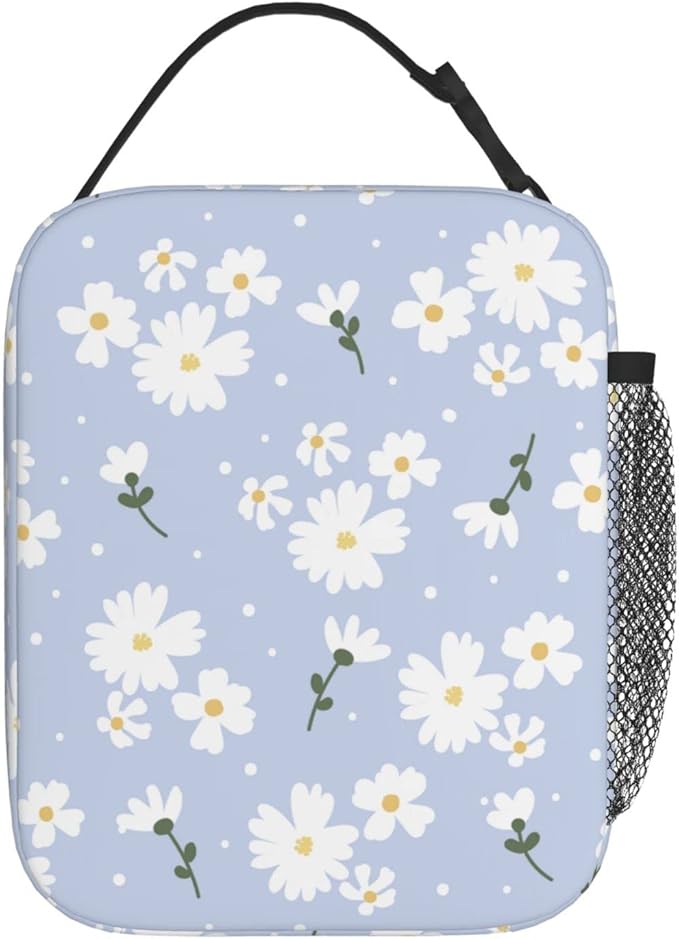 SUPLUCHOM Lunch Box Girl Daisy Flower Purple Floral Spring Insulated Bag Reusable with Side Pocket for Work School Picnic Hiking Daytrip Women Kids Over 3 Years Old