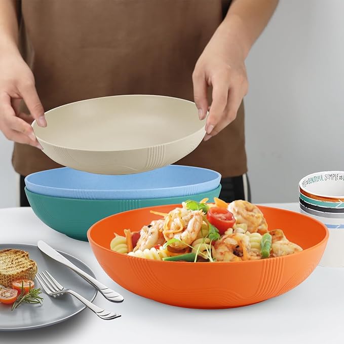PYRMONT 65 OZ Salad Bowls Set of 6-10 inch Serving Bowl Large Bowl Wheat Straw Plates Bowls - Dishwasher Safe Plate - Wide and Shallow Bowls for Kitchen,Pasta,Noodles - Multi Color