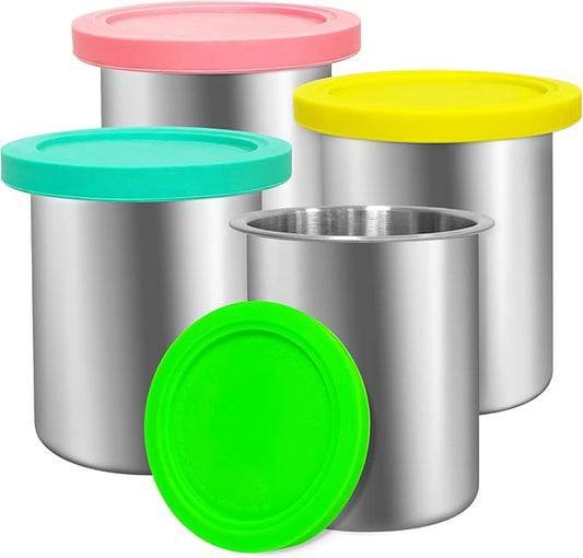 Stainless Steel Fit for ninja Creami Deluxe Containers– 4 Pack, 24 oz, Compatible with Ninja Creami CN501CO,NC501, NC500 Delux XL Series, Silicone Lids, BPA-Free, Dishwasher Safe, 5 Years Warranty