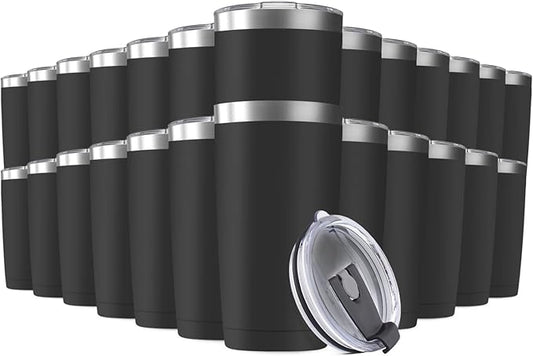 25 Pack 20oz Tumbler Vacuum Insulated Travel Mug with Lids, Stainless Steel Double Wall Bulk Cup for Home, Office, Outdoor Suitable for Vehicle Cup Holders Black
