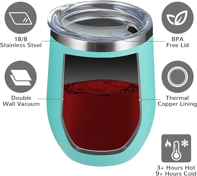 MEWAY 12oz/8 Pack Wine Tumbler Glasses with Lid - Stemless Double Wall Vacuum Stainless Steel Travel Tumbler - Keeping Cold & Hot for Wine,Coffee,Cocktails,Gifts (Light green,Set of 8)