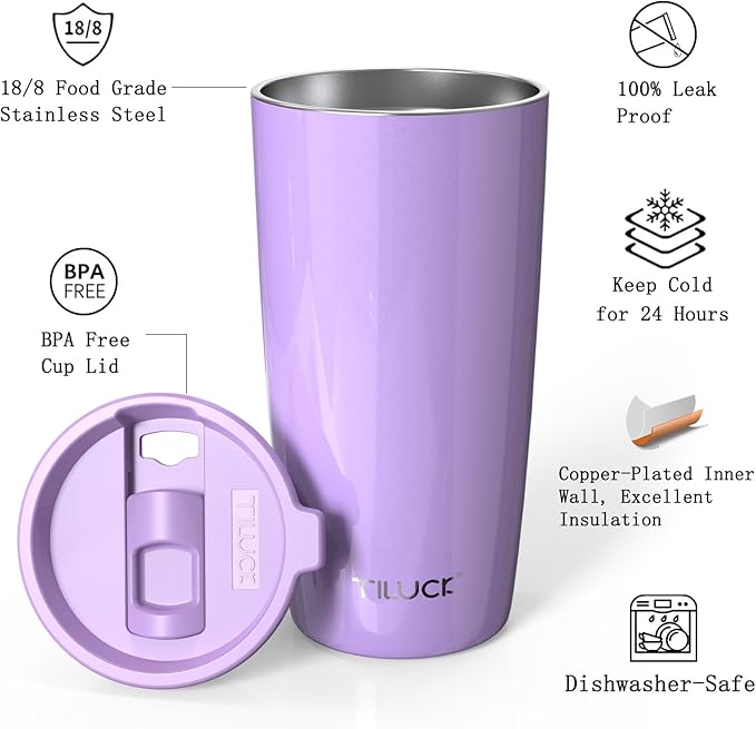 TILUCK 20 oz Tumbler with Leak-Proof Lid, Vacuum Insulated Stainless Steel Coffee Mug, Double-Walled Travel Tumbler for Hot and Cold Drinks(Lavender, 20oz)