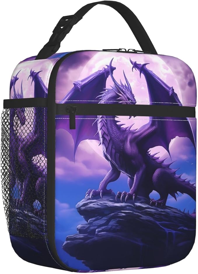 Reusable Purple Dragon Lunch Box for Kids, Insulated Mystical Fantasy Bag,Polyester Cooler Animal Lovers Handbags Case for School Picnic Work Travel Beach or Hiking, Gifts
