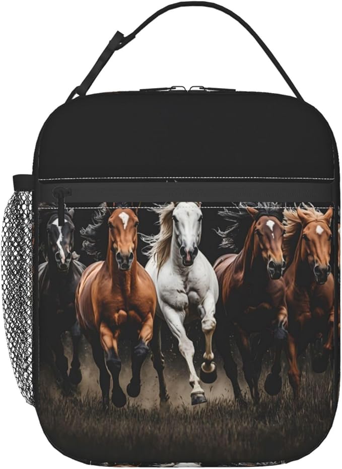 Wild Horse Lunch Bag, Polyester Tote Bags with Horses on Black Background, Insulated Lunchbox, Portable Lunchbag Decor Gifts for Work, Picnic, School, Travel, Hiking, Beach or Fishing