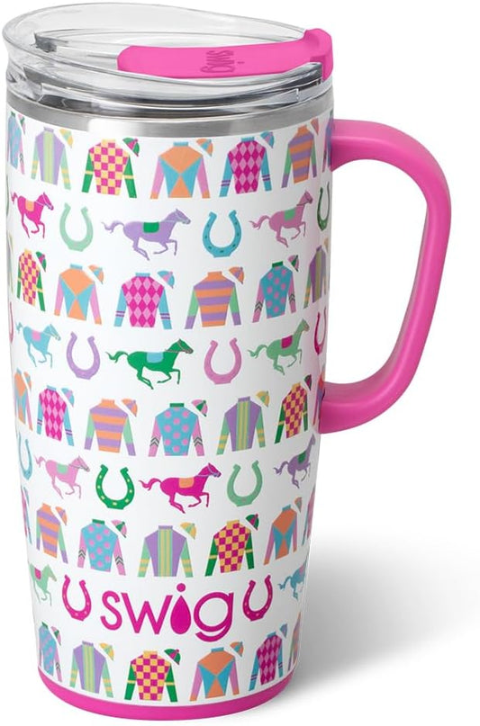 Swig Life 22oz Travel Mug, Insulated Tumbler with Handle and Lid, Cup Holder Friendly, Dishwasher Safe, Stainless Steel, Travel Coffee Cup, Insulated Mug with Lid, Kentucky Derby Cups (Go Baby Go)