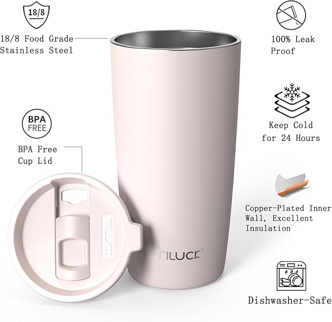 TILUCK 20 oz Tumbler with Leak-Proof Lid, Vacuum Insulated Stainless Steel Coffee Mug, Double-Walled Travel Tumbler for Hot and Cold Drinks(SakuraPink, 20oz)
