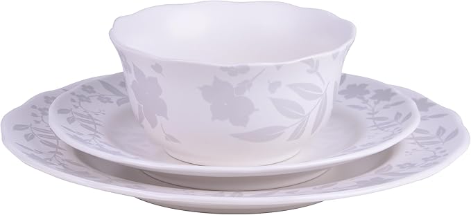 222 Fifth 12-Piece Porcelain Dinnerware Set for 4, Glossy White Plates and Bowls Sets with Silver Flower Pattern, Luxury Ceramic Dish Set, Elegant Kitchen Dishes for Everyday Dining, Refreshed Floral