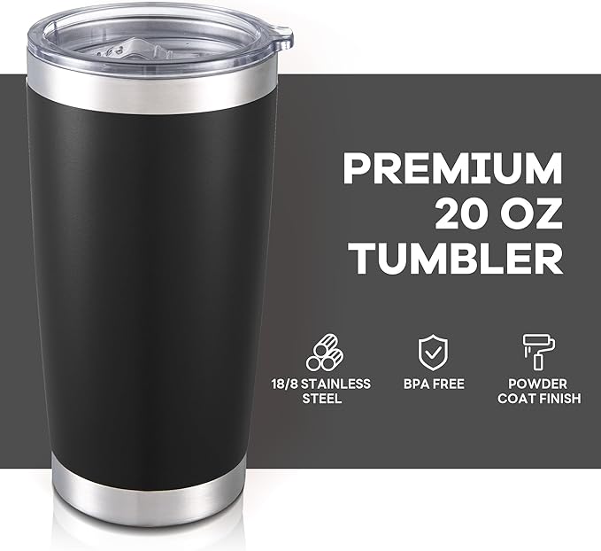 20 oz Tumbler with Lid Stainless Steel Insulated Tumblers Bulk Double Wall Vacuum Cups Powder Coated Travel Mug Keep Drinks Cold and Hot, Black, 4 Pack